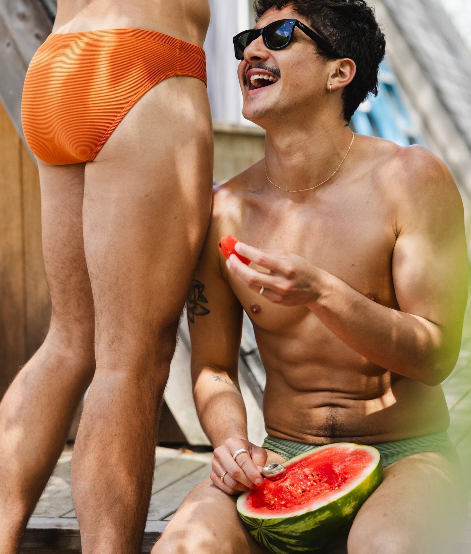 Sean & Val Ribbed Racer Brief Terracotta — men's swim brief, model full body front view