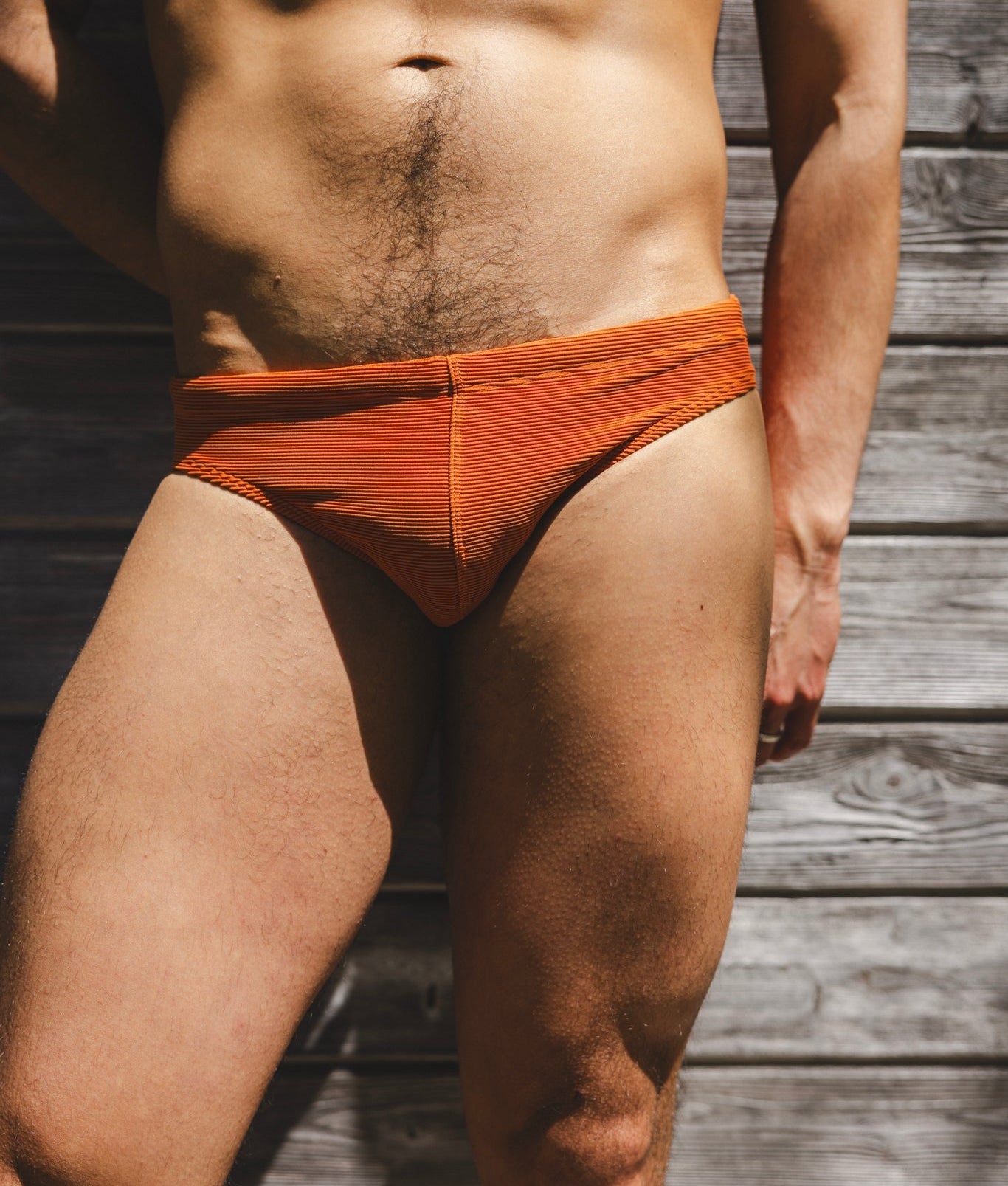 Sean & Val Ribbed Racer Brief Terracotta — ribbed swim brief front detail and liner view