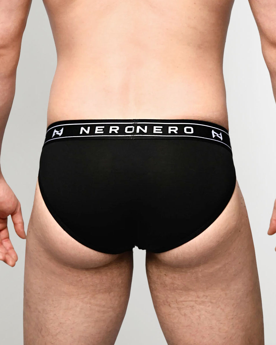 Nero New York Sports Brief Black — men's bamboo-cotton athletic brief with logo waistband, back view