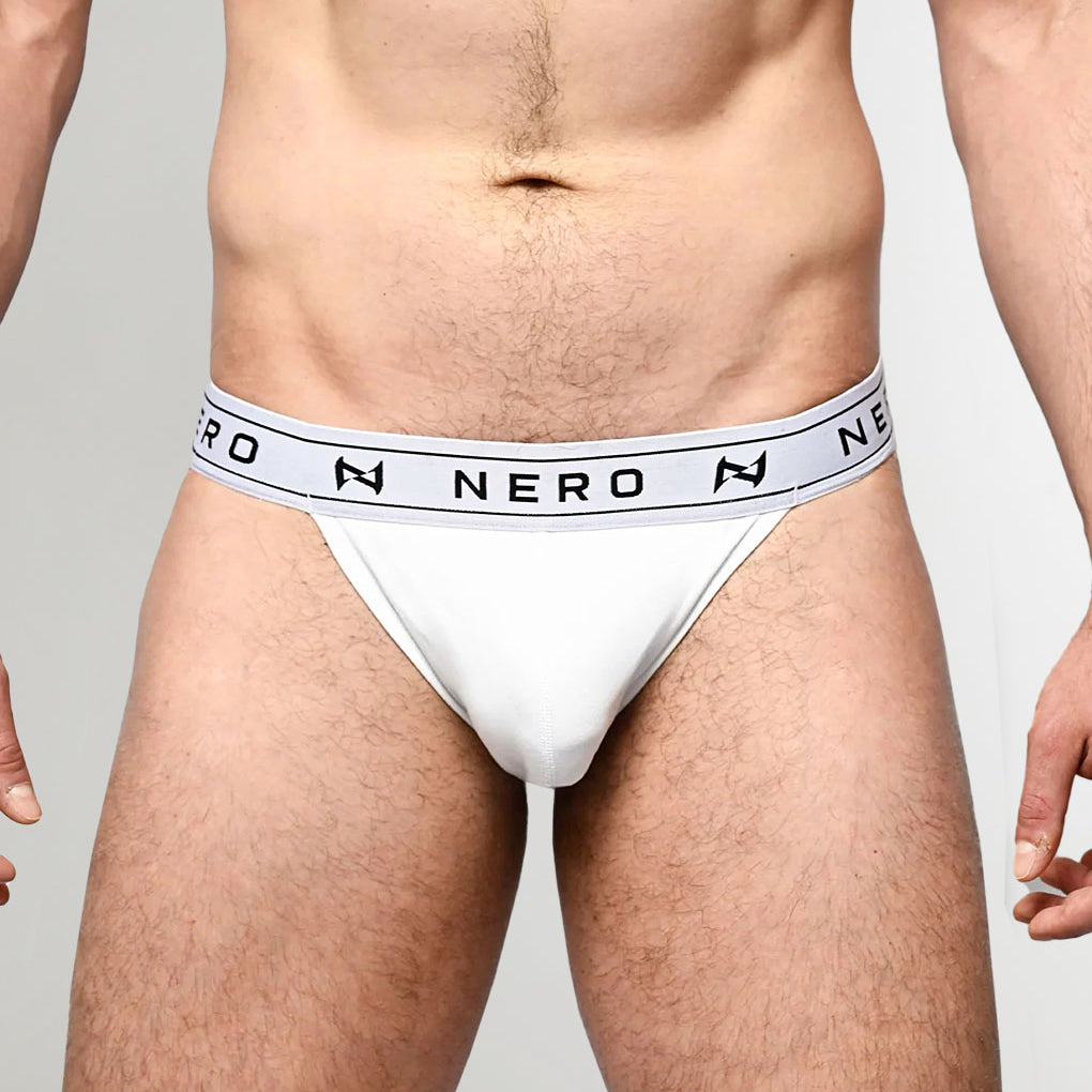 Nero New York Sports Brief White — men's bamboo-cotton athletic brief with contoured pouch, front view