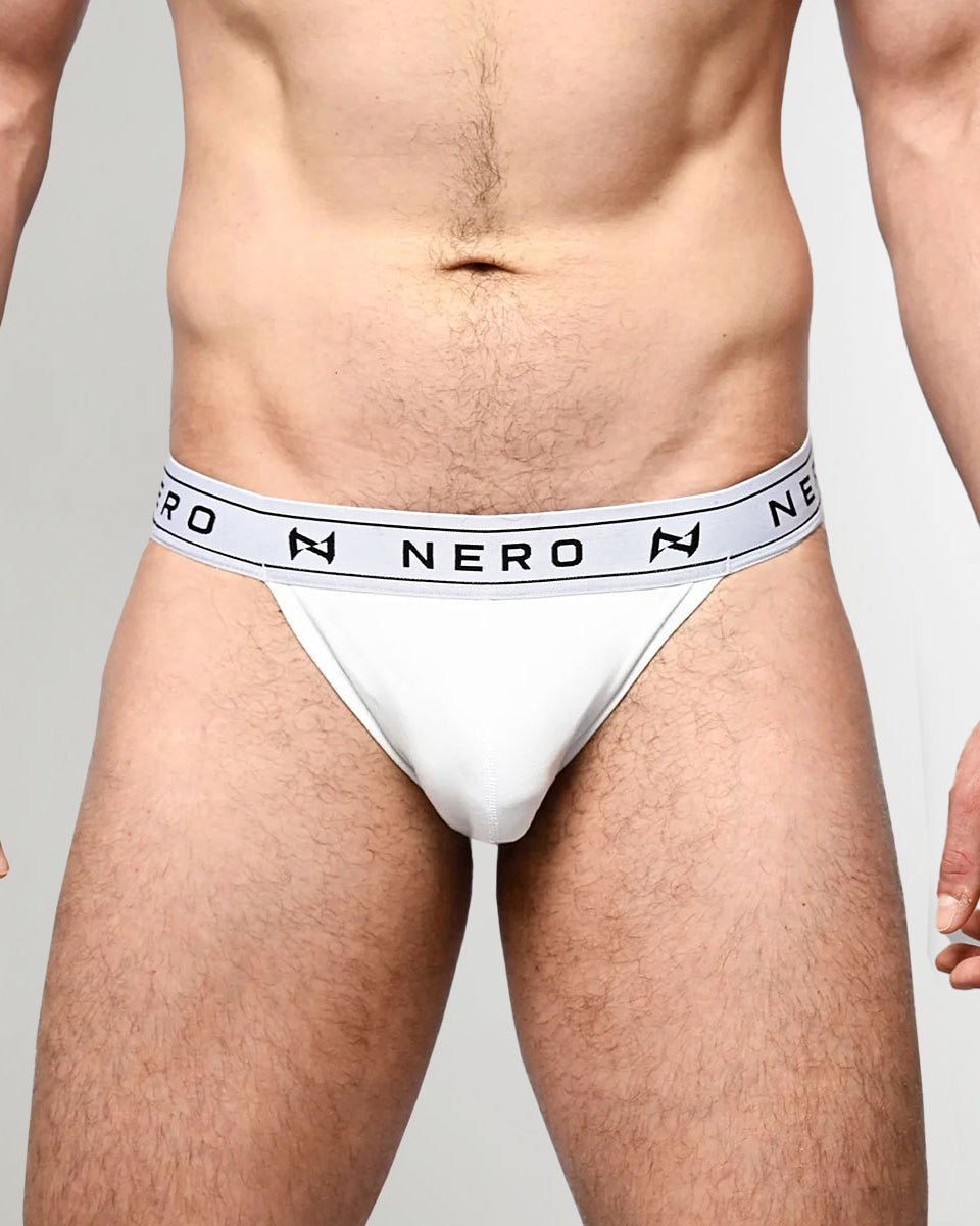 Nero New York Sports Brief White — men's bamboo-cotton athletic brief with contoured pouch, front view