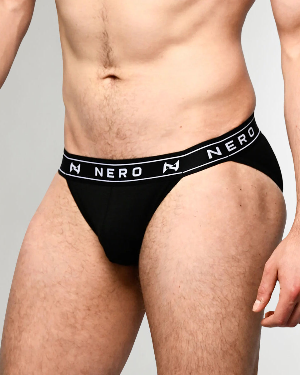 Nero New York Sports Brief Black — men's bamboo-cotton athletic brief, side view