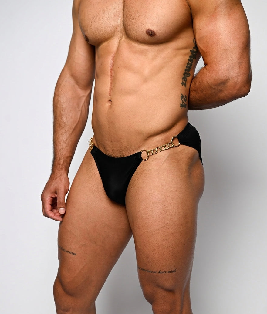 Nero New York Twin Chain Brief Black with Gold Hardware - men's twin chain swim brief with chrome chains and removable O-rings, side view