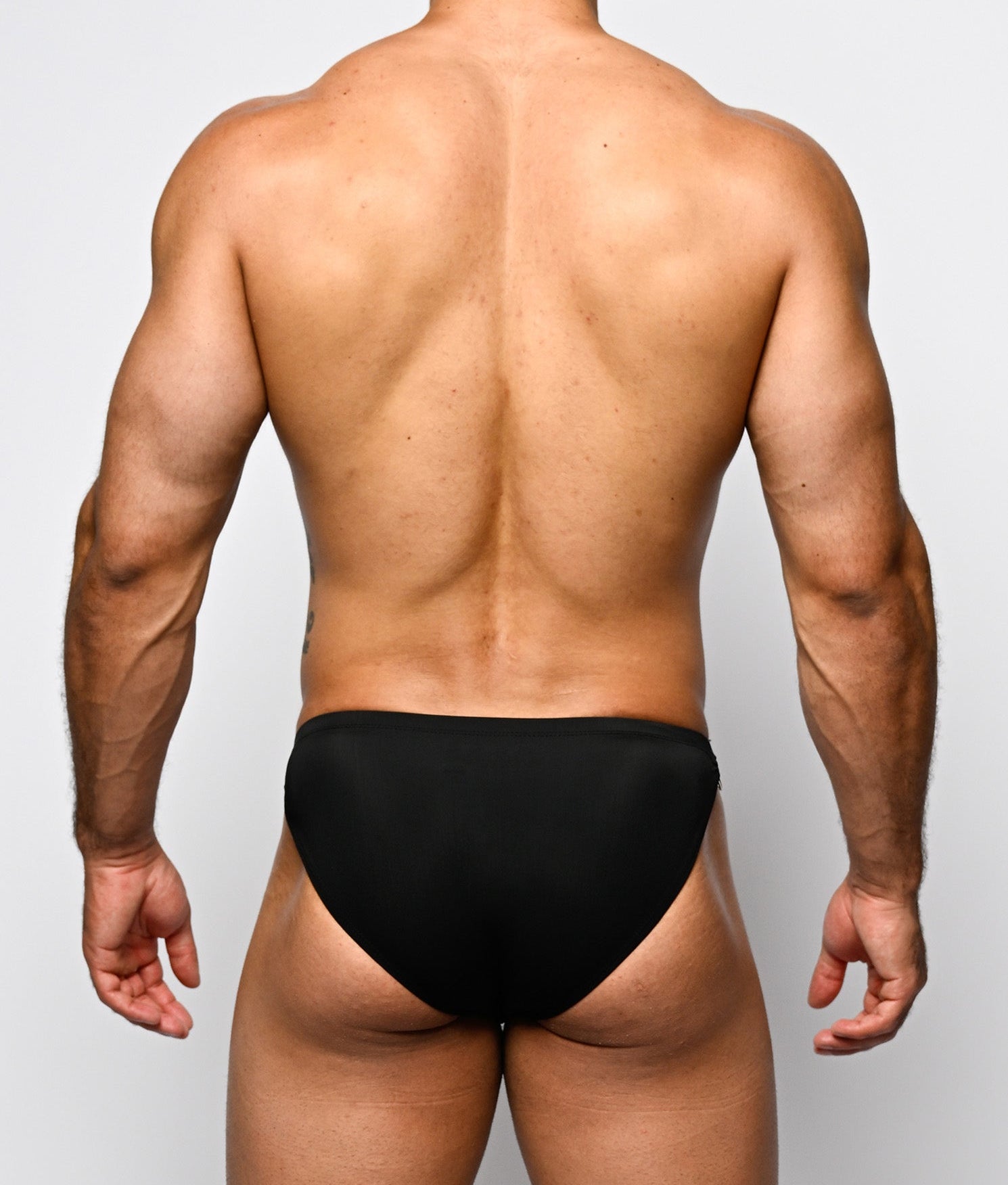 Nero New York Twin Chain Brief Black with Gold Hardware - men's twin chain swim brief with chrome chains and removable O-rings, back view