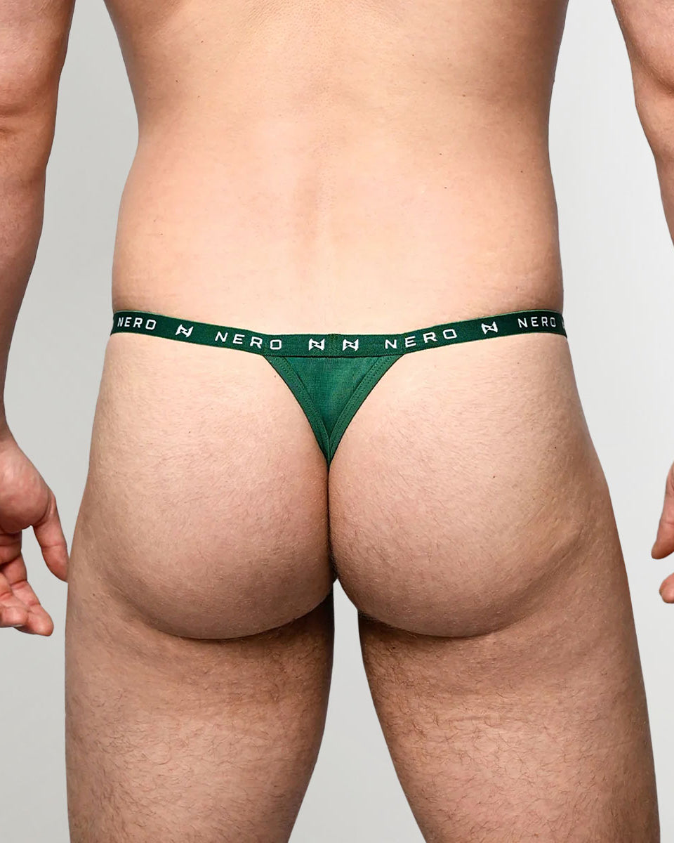 Nero New York Men's Thong Floaroma Green — men's bamboo-cotton minimal underwear with logo waistband, back view