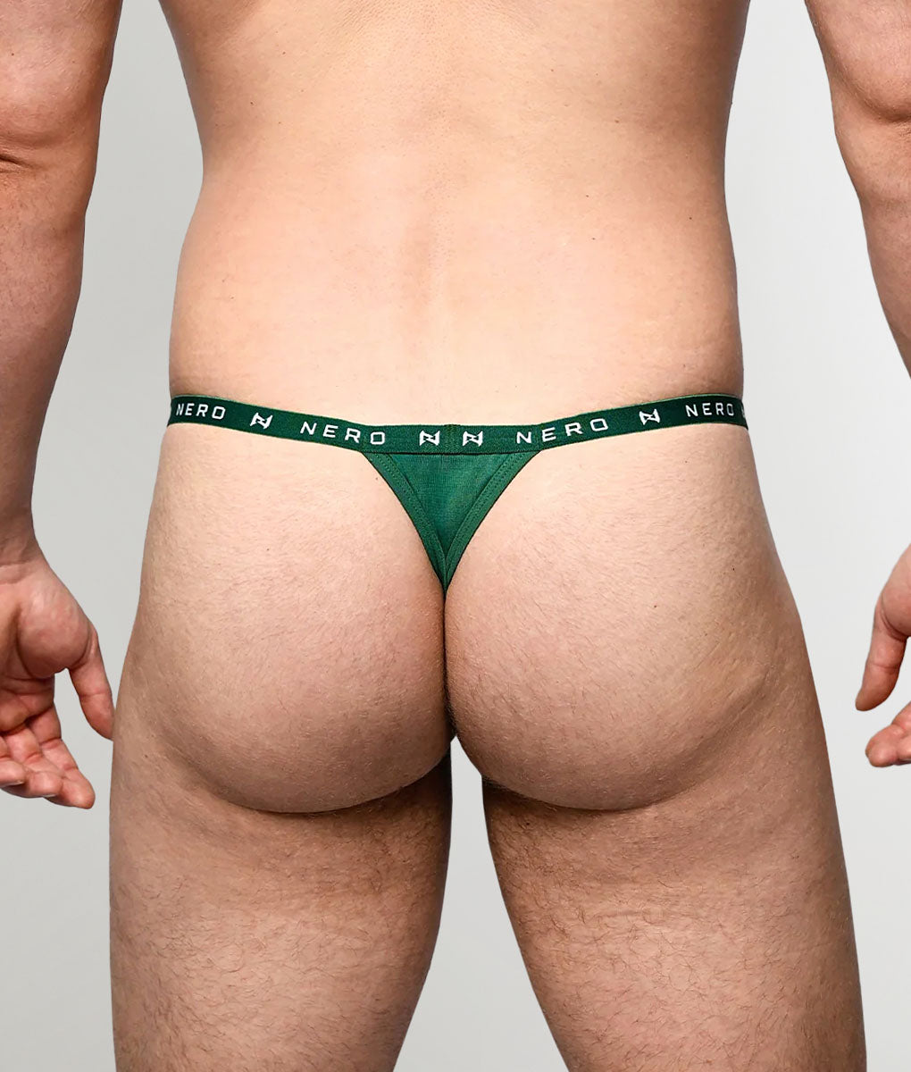 Nero New York Men's Thong Floaroma Green — men's bamboo-cotton minimal underwear with logo waistband, back view