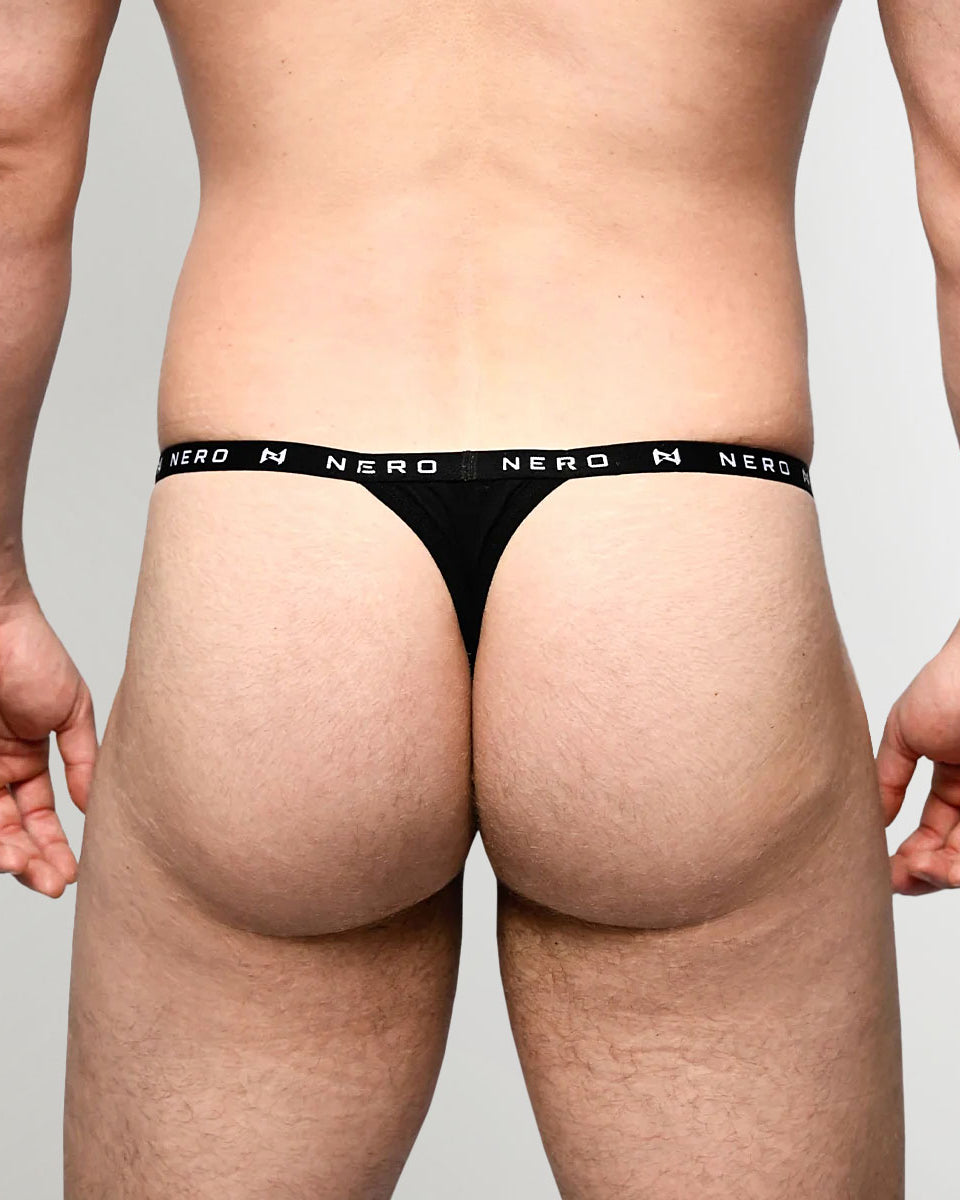 Nero New York Men's Thong Black — men's bamboo-cotton minimal underwear with logo waistband, back view