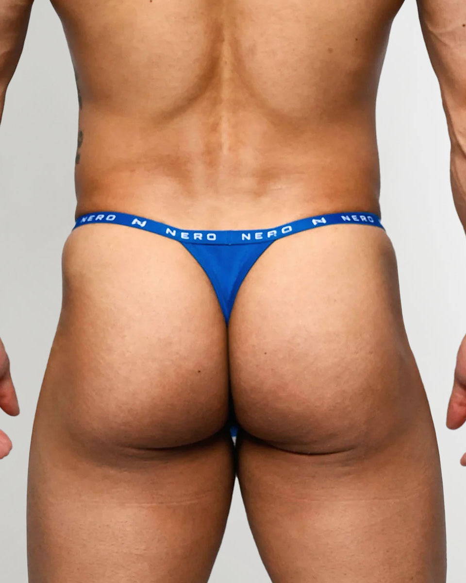Nero New York Men's Thong Azur Bay Blue — men's bamboo-cotton minimal underwear with logo waistband, back view