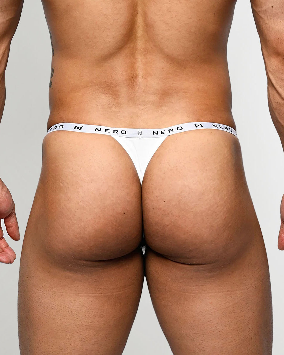 Nero New York Men's Thong White — men's bamboo-cotton minimal underwear with logo waistband, back view