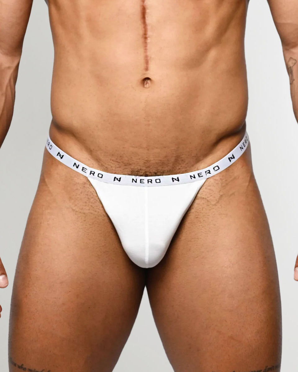 Nero New York Men's Thong White — men's bamboo-cotton minimal underwear with contoured pouch, front view