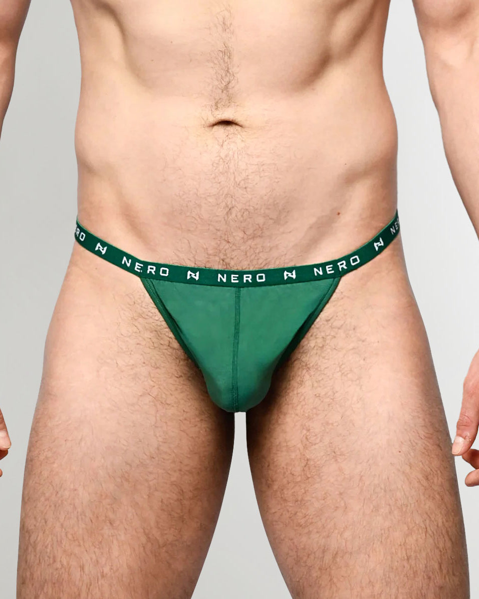 Nero New York Men's Thong Floaroma Green — men's bamboo-cotton minimal underwear with contoured pouch, front view