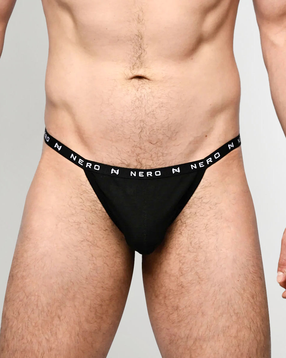 Nero New York Men's Thong Black — men's bamboo-cotton minimal underwear with contoured pouch, front view