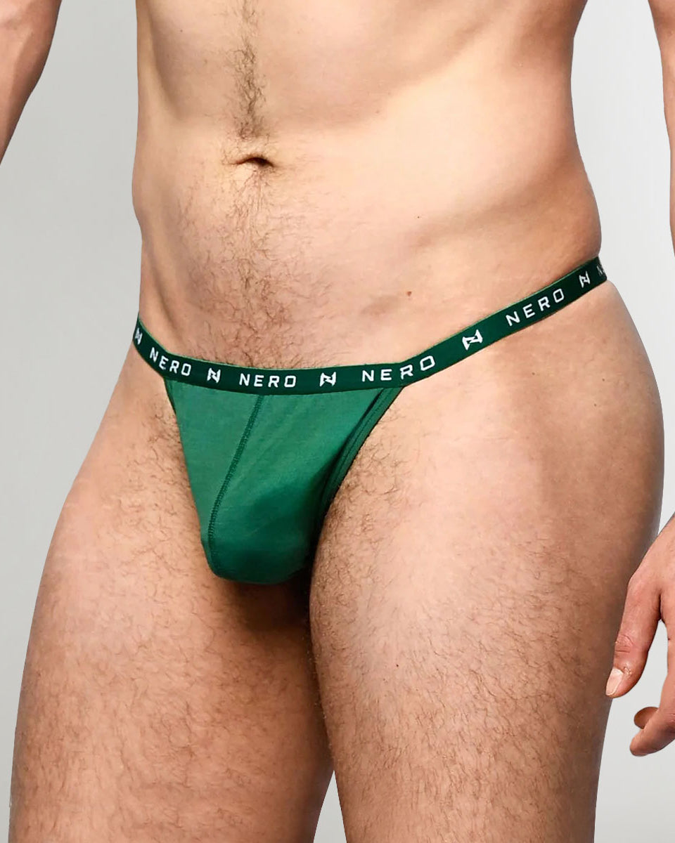 Nero New York Men's Thong Floaroma Green — men's bamboo-cotton minimal underwear, turn view