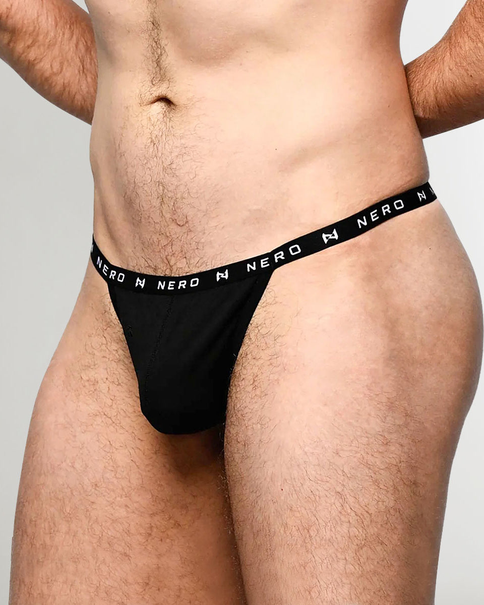 Nero New York Men's Thong Black — men's bamboo-cotton minimal underwear, turn view