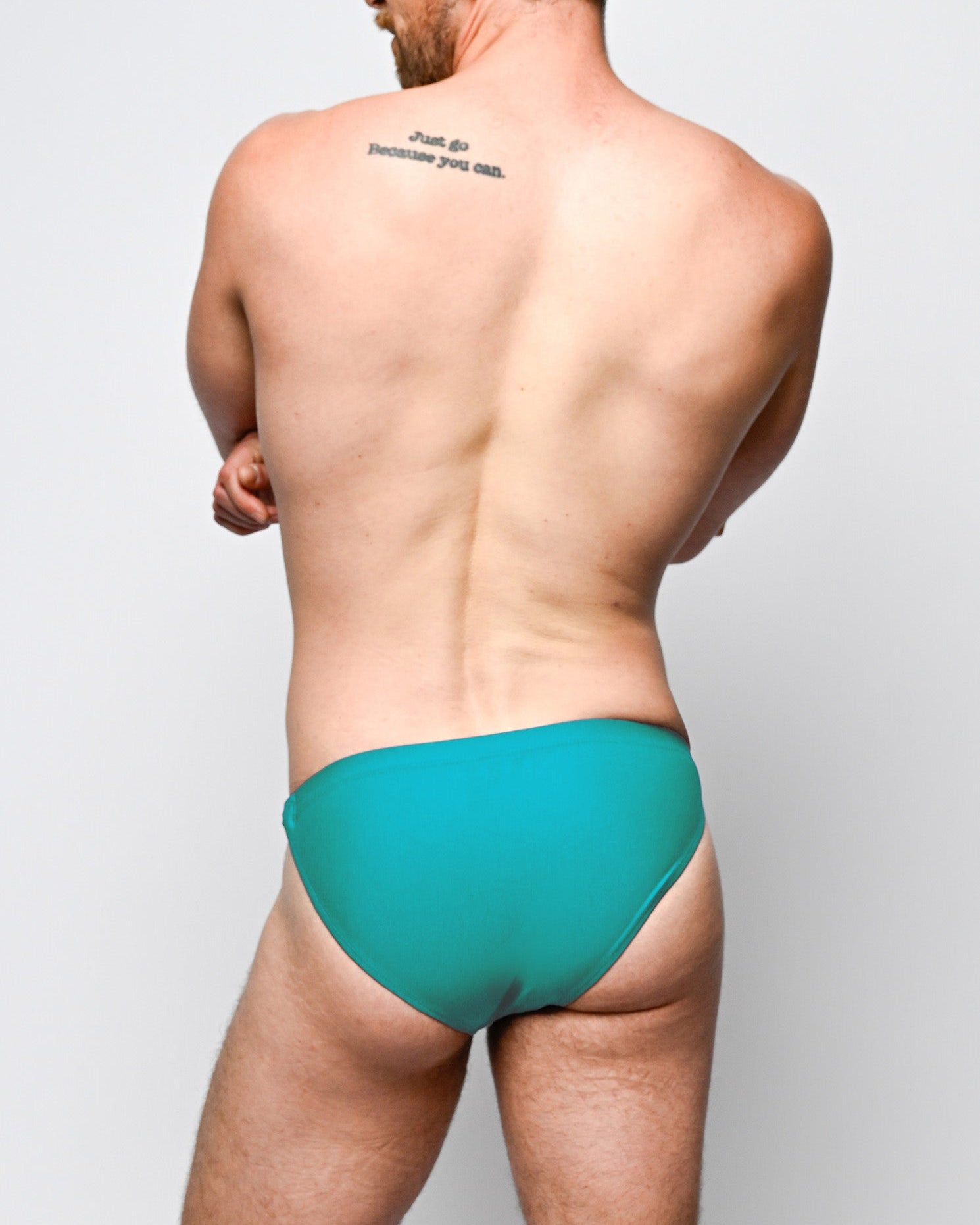 Nero New York Twin Chain Brief Seafoam Teal - men's twin chain swim brief with chrome chains and removable O-rings, back view
