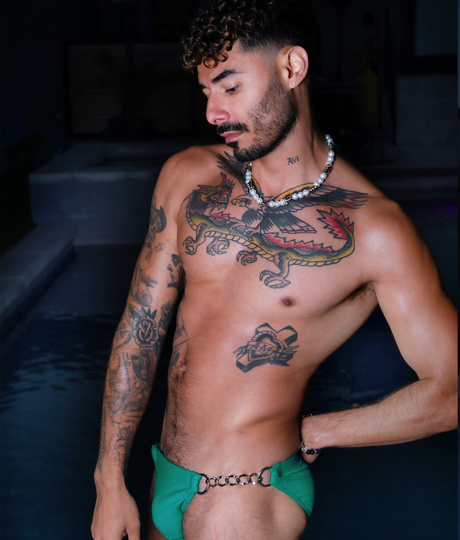 Nero New York Twin Chain Brief Seafoam Teal - men's twin chain swim brief with chrome chains and removable O-rings, detail view