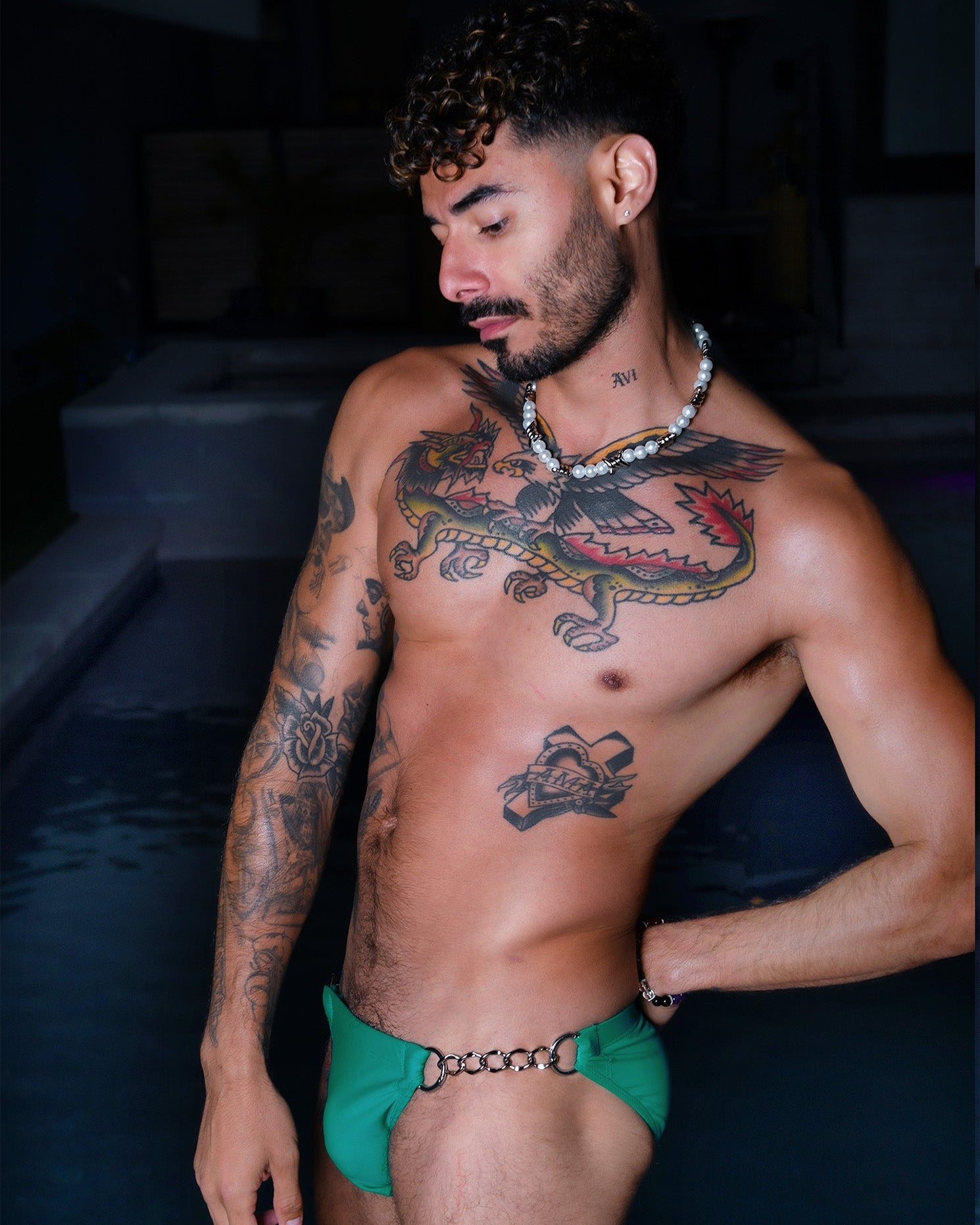 Nero New York Twin Chain Brief Seafoam Teal - men's twin chain swim brief with chrome chains and removable O-rings, detail view