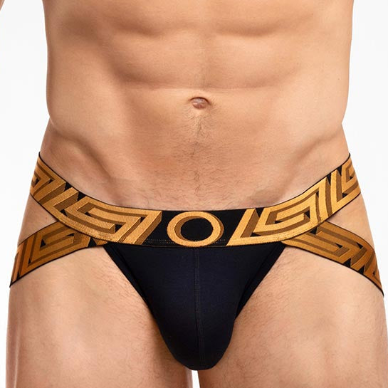 Rounderbum O My God Lift Jockstrap Black - men's push-up lifting jockstrap with open back, front view