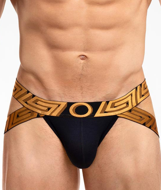 Rounderbum O My God Lift Jockstrap Black - men's push-up lifting jockstrap with open back, front view