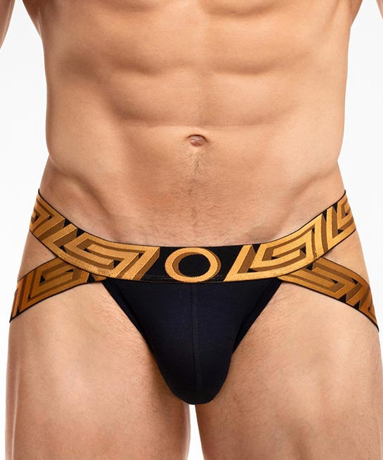 Rounderbum O My God Lift Jockstrap Black - men's push-up lifting jockstrap with open back, front view