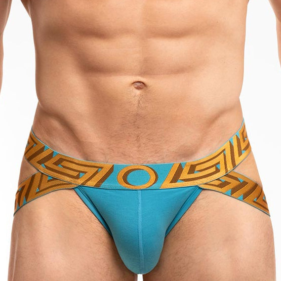 Rounderbum O My God Lift Jockstrap OMG Blue - men's push-up lifting jockstrap with open back, front view