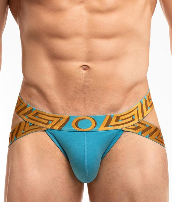 Rounderbum O My God Lift Jockstrap OMG Blue - men's push-up lifting jockstrap with open back, front view