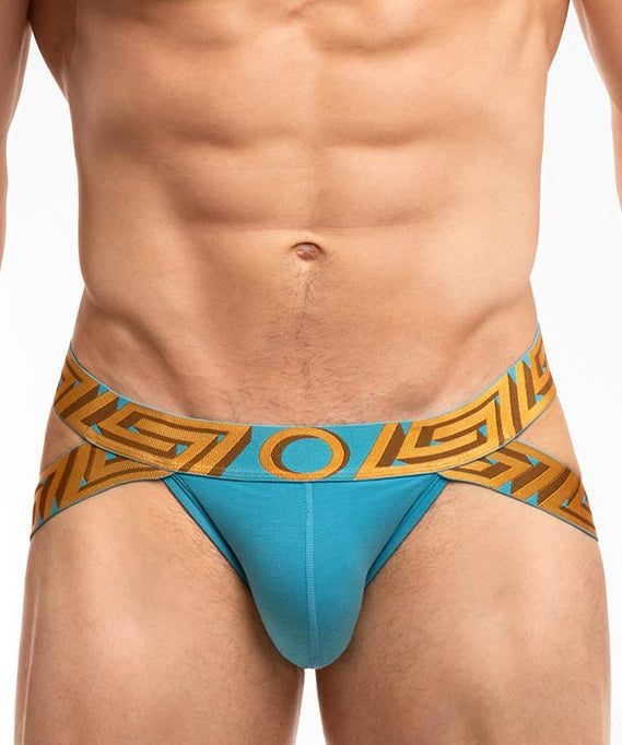 Rounderbum O My God Lift Jockstrap OMG Blue - men's push-up lifting jockstrap with open back, front view