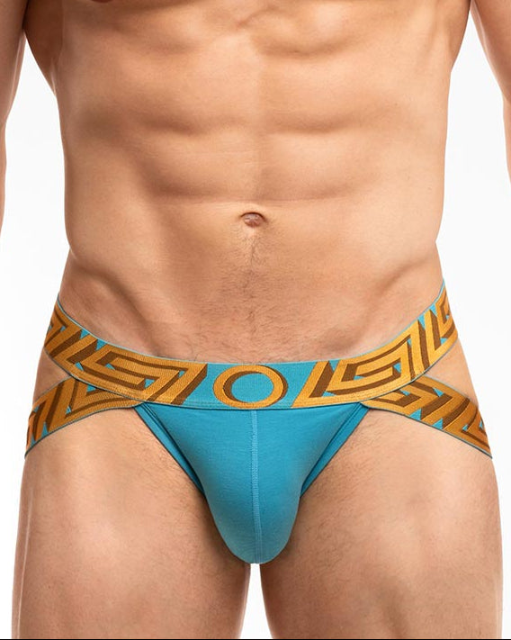 Rounderbum O My God Lift Jockstrap OMG Blue - men's push-up lifting jockstrap with open back, front view