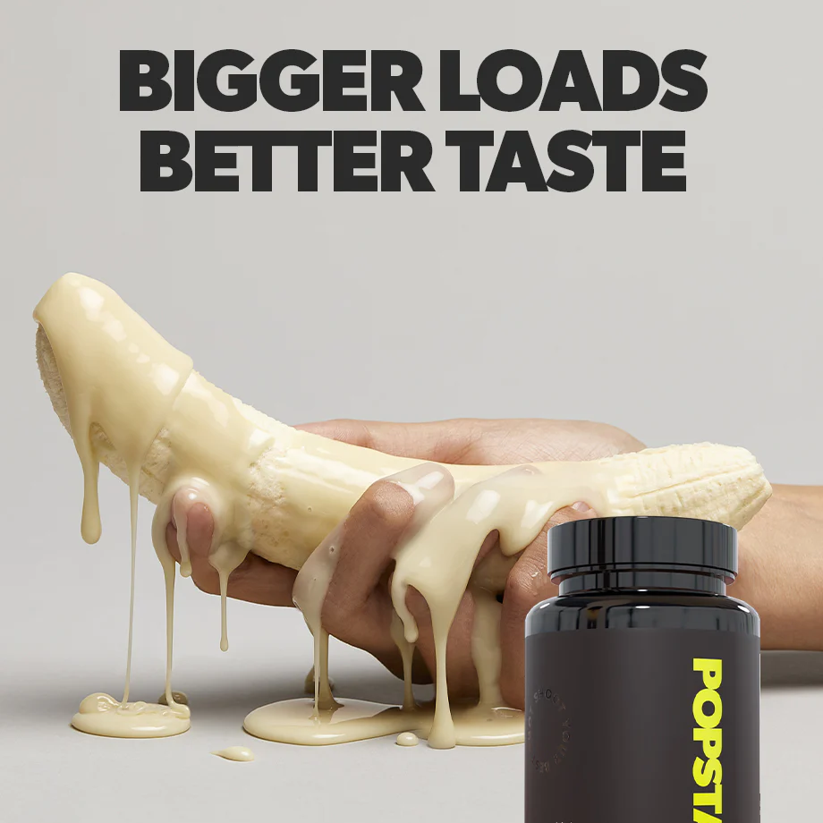 Popstar Volume + Taste Enhancer lifestyle image with cream-covered banana and tagline "Bigger Loads Better Taste"