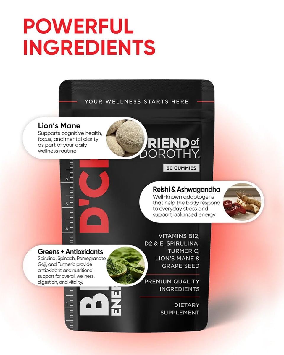 Friend of Dorothy Big D'Energy — ingredient highlights including Spirulina, Ashwagandha and Lion's Mane