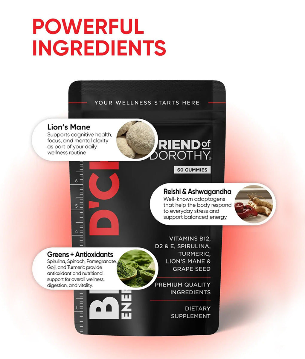 Friend of Dorothy Big D'Energy — ingredient highlights including Spirulina, Ashwagandha and Lion's Mane