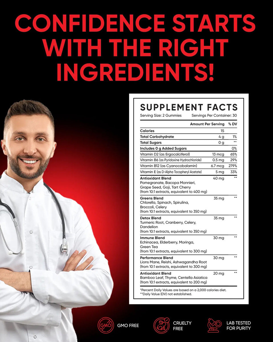 Friend of Dorothy Big D'Energy — key benefits callout: greens, adaptogens, antioxidants and vitamins