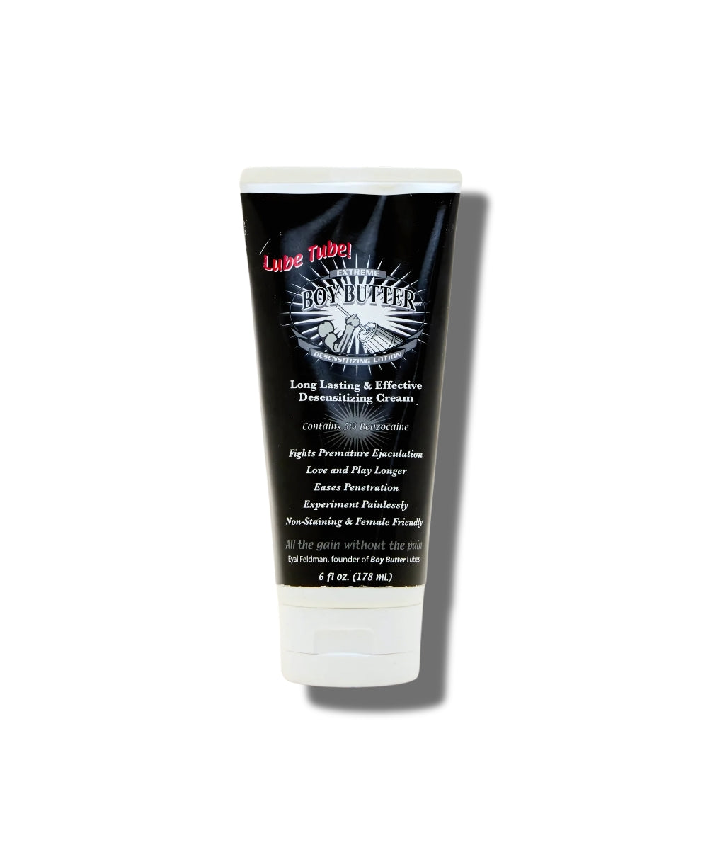 Boy Butter Extreme Desensitizing Formula Lube 6oz tube — 5% Benzocaine topical lubricant, front view