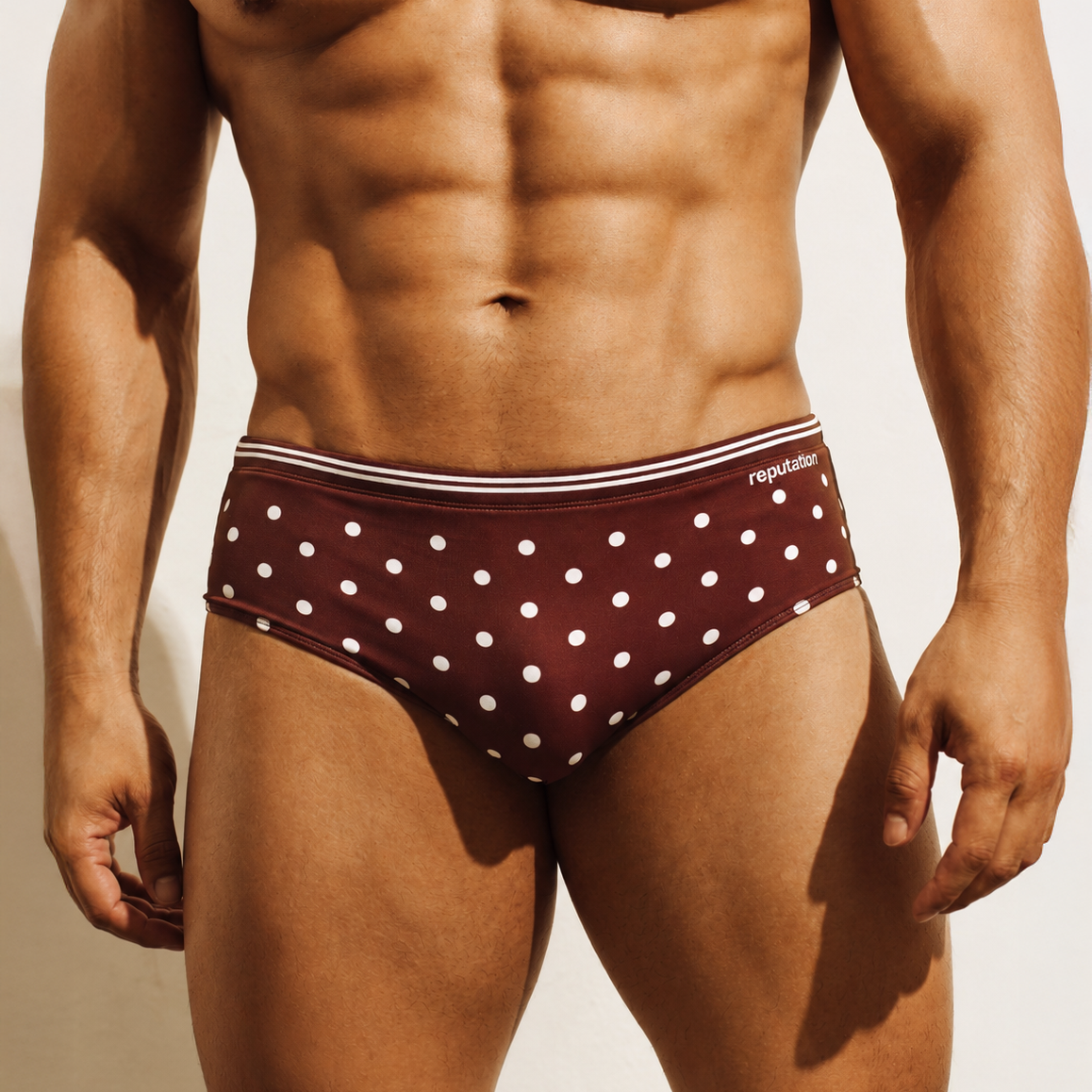 Reputation Swim Brief Sunga 02 Brown Polka Dots — men's swim brief front view ultra-matte finish