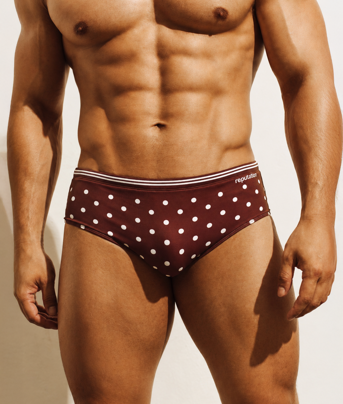 Reputation Swim Brief Sunga 02 Brown Polka Dots — men's swim brief front view ultra-matte finish