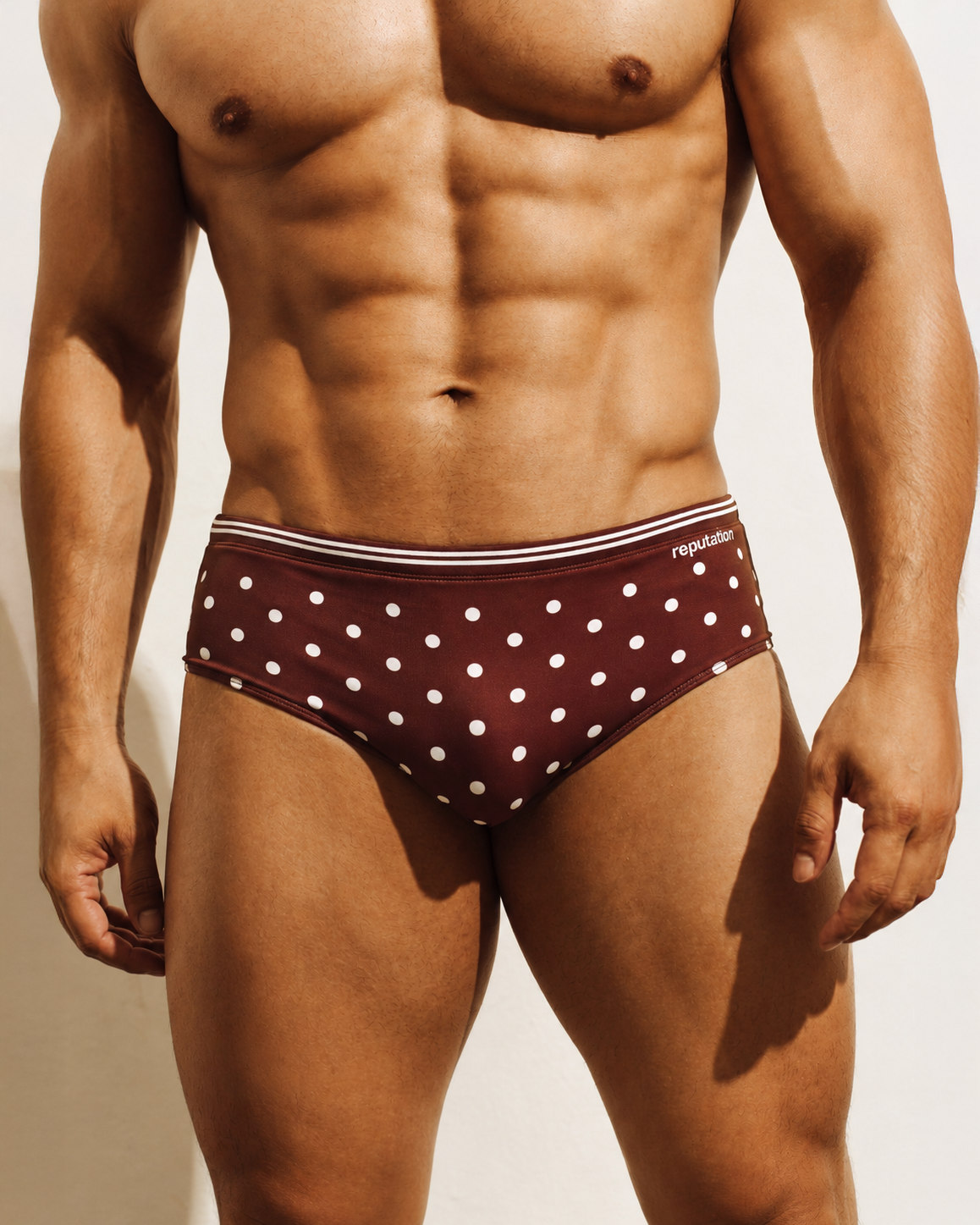 Reputation Swim Brief Sunga 02 Brown Polka Dots — men's swim brief front view ultra-matte finish