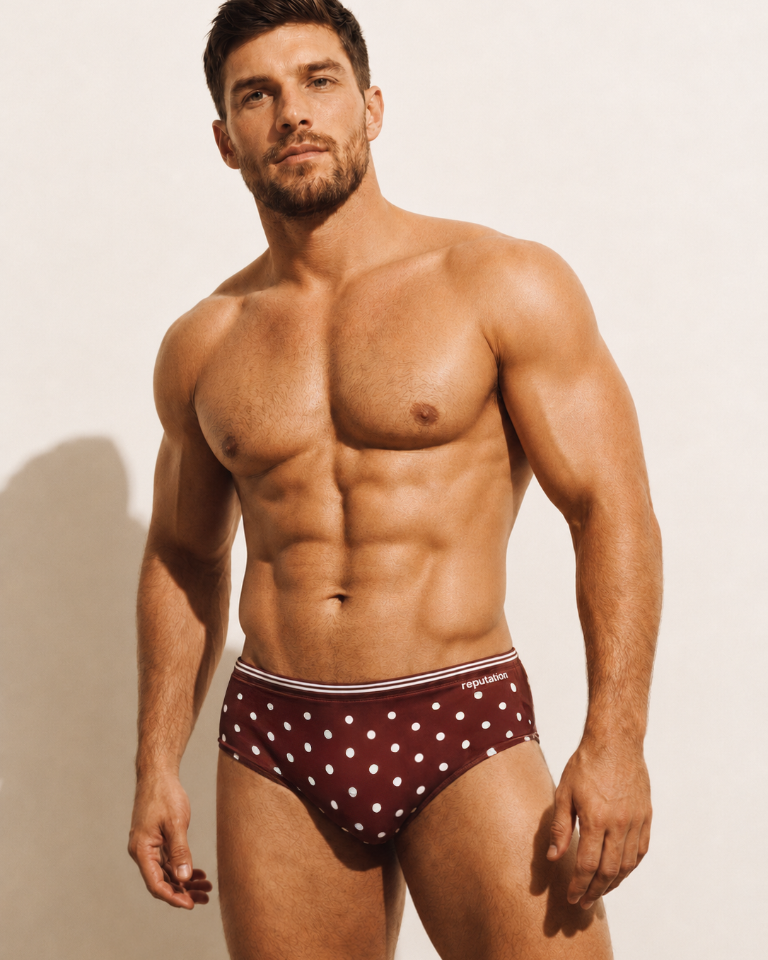 Reputation Swim Brief Sunga 02 Brown Polka Dots — men's swim brief back view sculpted silhouette