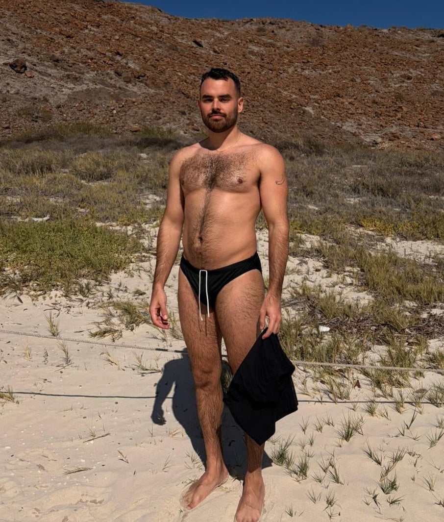 Sean & Val Racer Brief Black — men's swim brief, model full body front view