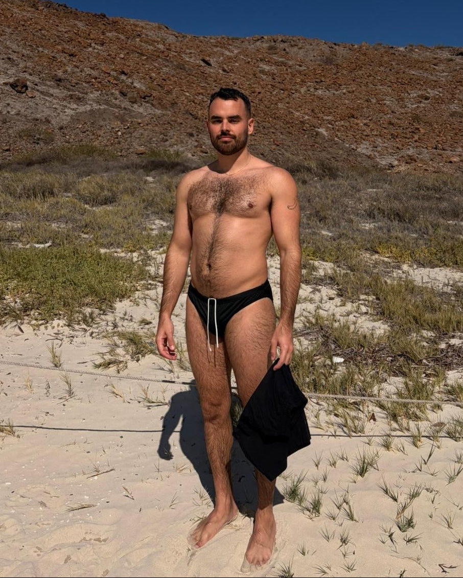 Sean & Val Racer Brief Black — men's swim brief, model full body front view