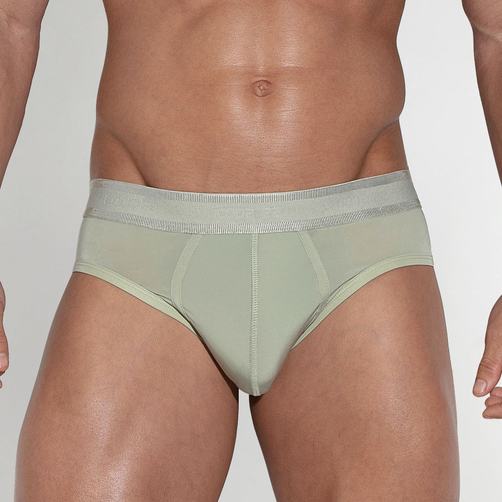 CODE 22 Core Brief Khaki - men's low-rise microfibre brief with contoured pouch, front view