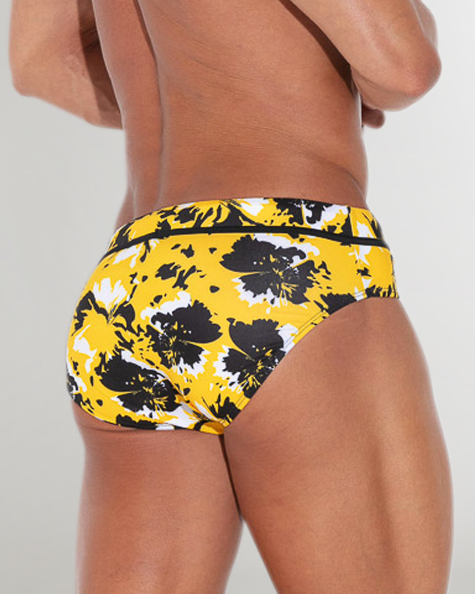 CODE 22 Lekeito Swim Brief Yellow - men's swim brief showing sculpted full seat coverage and wide logo jacquard waistband, back view