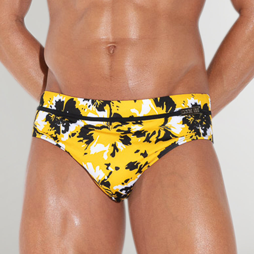 CODE 22 Lekeito Swim Brief Yellow - men's low-rise swim brief with quick-dry polyester fabric and floral jacquard print, front view