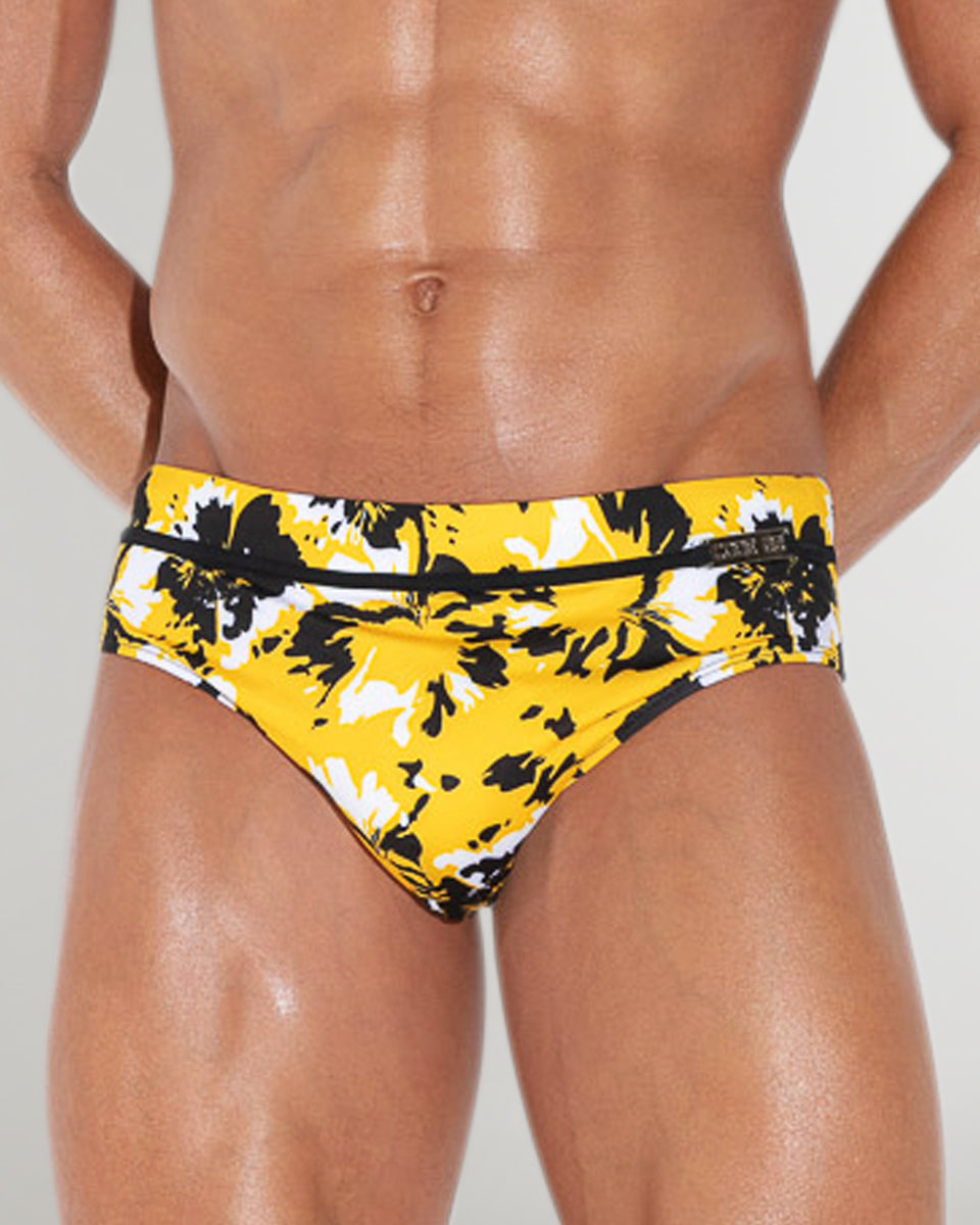 CODE 22 Lekeito Swim Brief Yellow - men's low-rise swim brief with quick-dry polyester fabric and floral jacquard print, front view