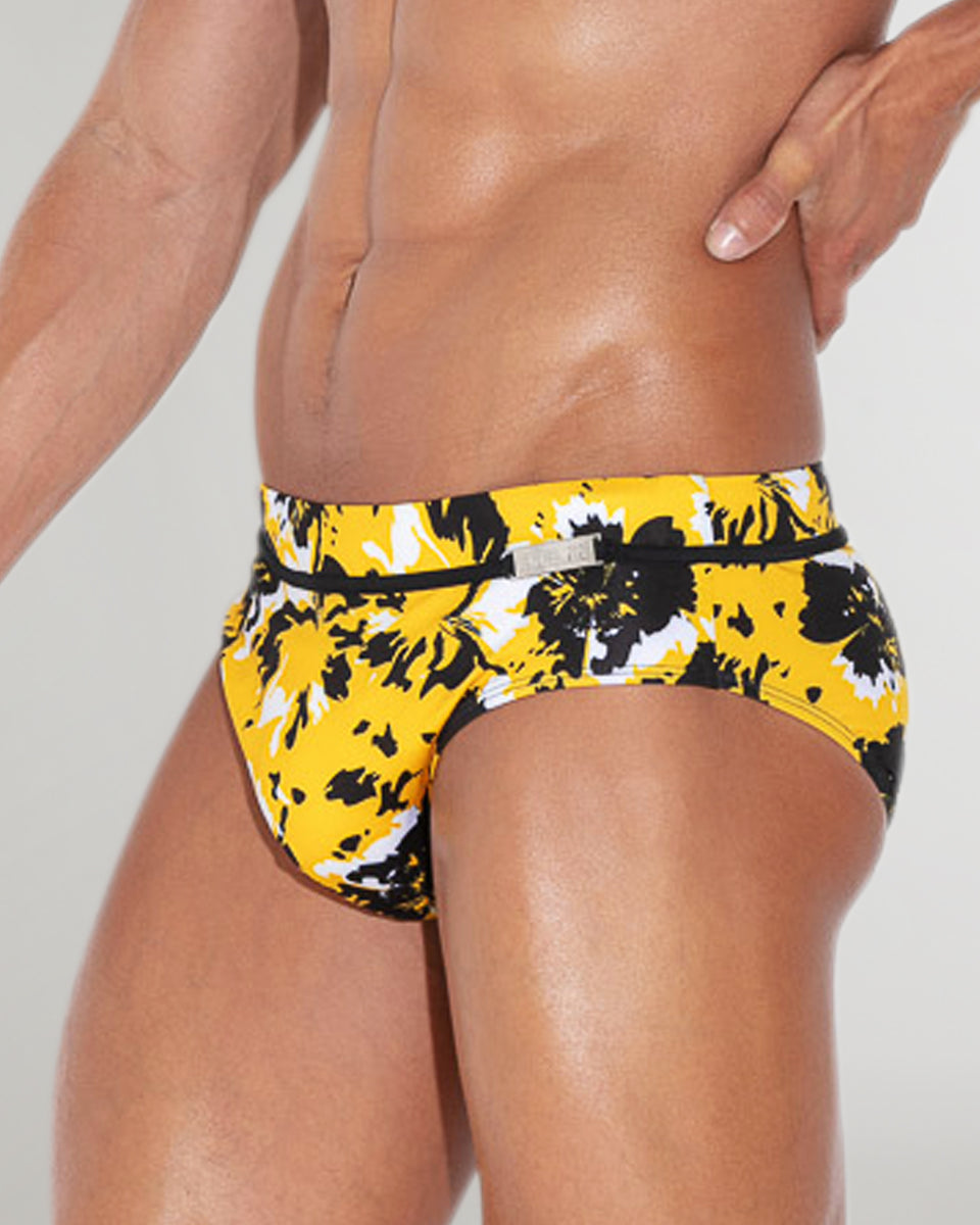 CODE 22 Lekeito Swim Brief Yellow - men's swim brief featuring contoured pouch and high-cut leg silhouette, side view