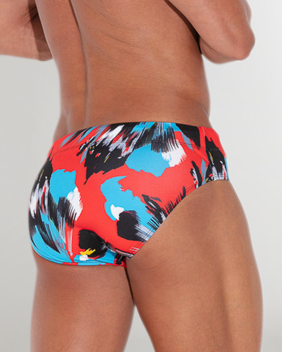 CODE 22 LLanes Swim Brief Coral - men's swim brief showing full coverage back with secure elastic waistband, back view