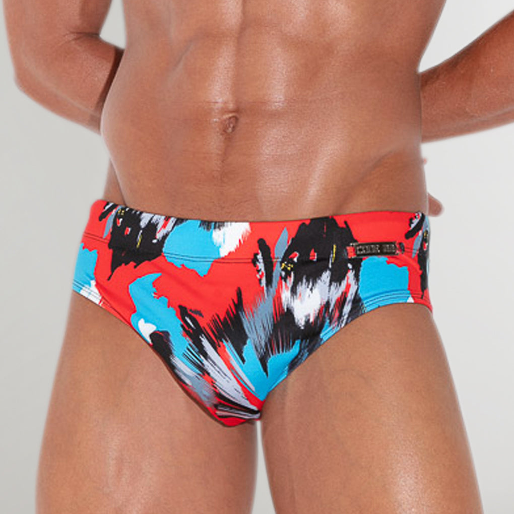 CODE 22 LLanes Swim Brief Coral - men's low-rise swim brief with quick-dry polyester fabric and contoured pouch, front view