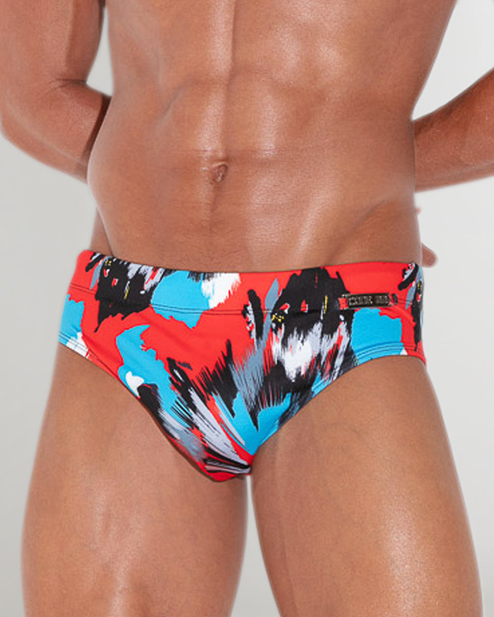 CODE 22 LLanes Swim Brief Coral - men's low-rise swim brief with quick-dry polyester fabric and contoured pouch, front view