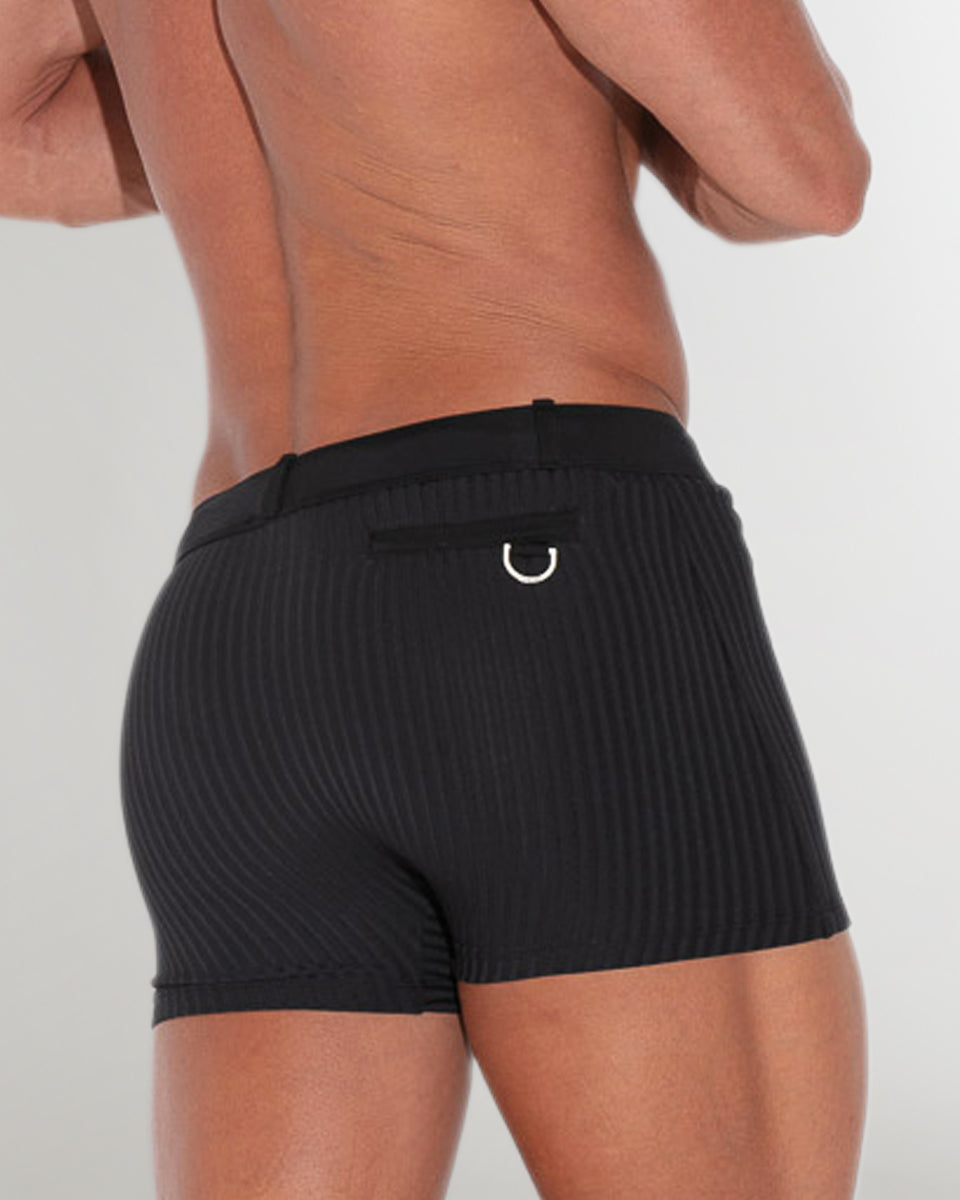 CODE 22 Sitges Swim Trunk Black - men's swim trunk showing full coverage back with bold CODE 22 logo waistband, back view