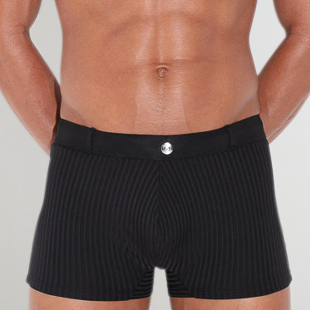 CODE 22 Sitges Swim Trunk Black - men's mid-rise swim trunk with quick-dry polyamide fabric and side piping detail, front view