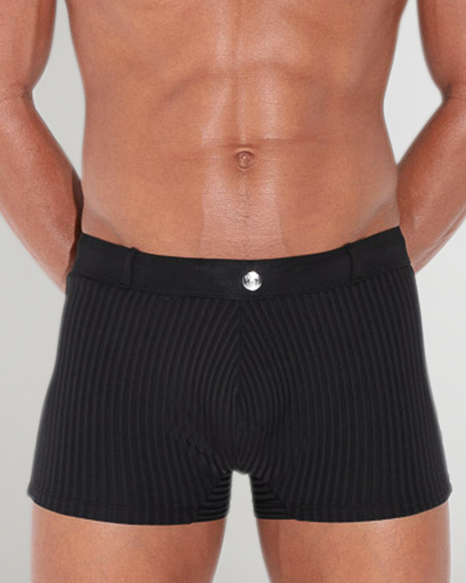 CODE 22 Sitges Swim Trunk Black - men's mid-rise swim trunk with quick-dry polyamide fabric and side piping detail, front view